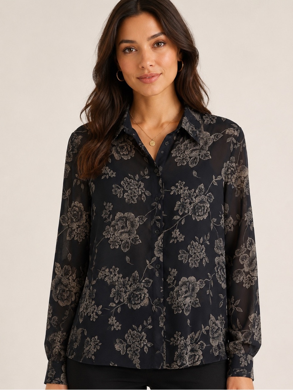 Josephine Chaus Women’s Size 16 Black Floral Button Front Blouse Long Sleeve